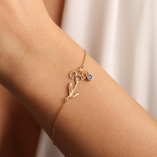 Personalized floral stem bracelet close up