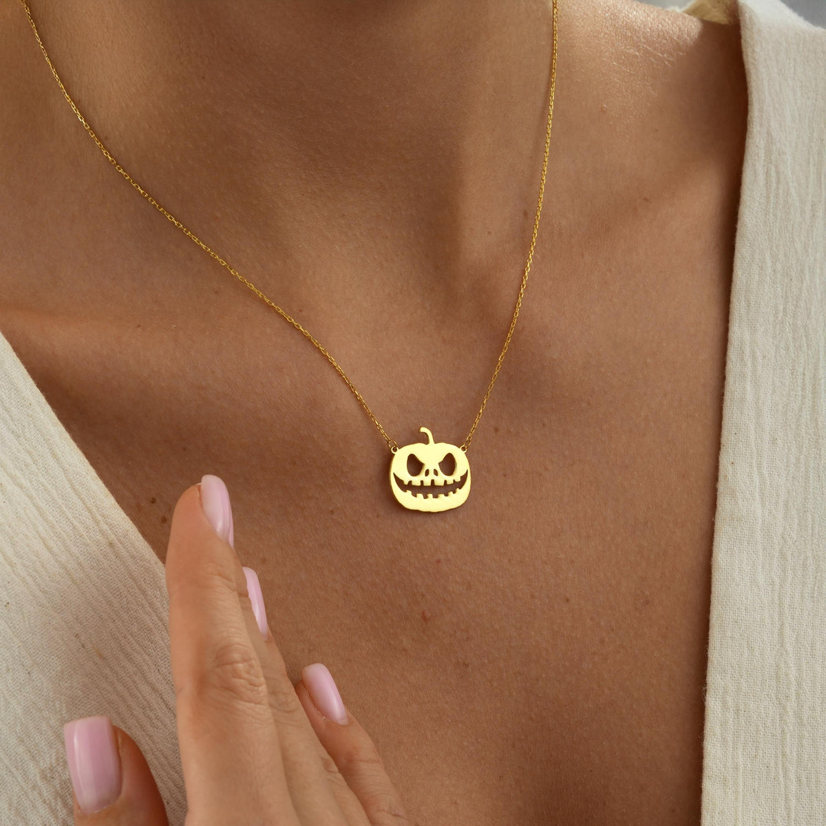 Ghost necklace close up on neck