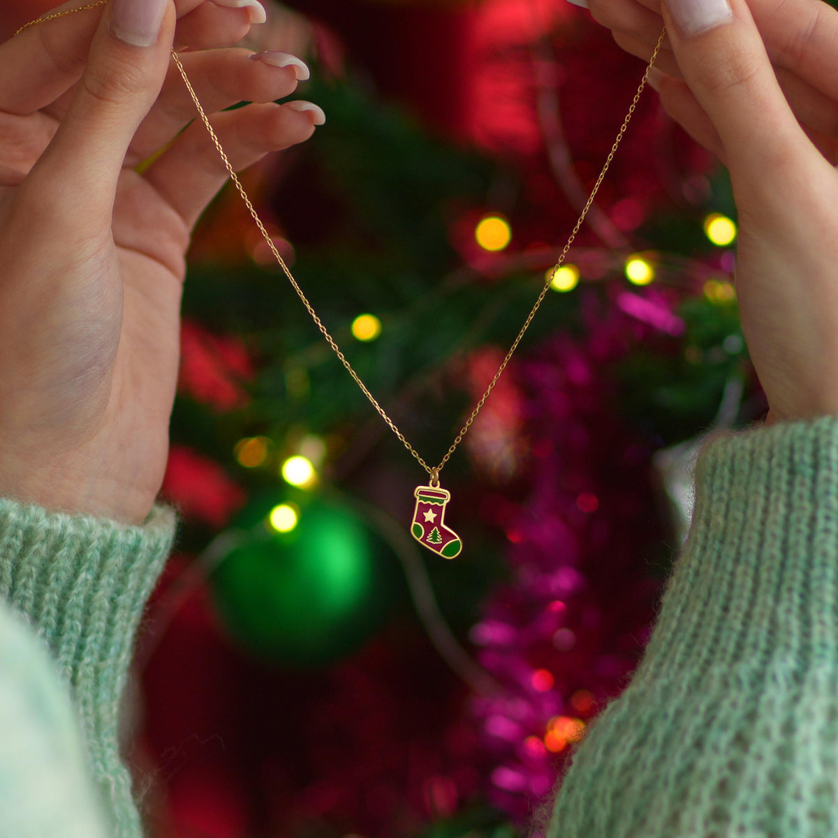 Red stocking charm necklace in 18K gold plated finish