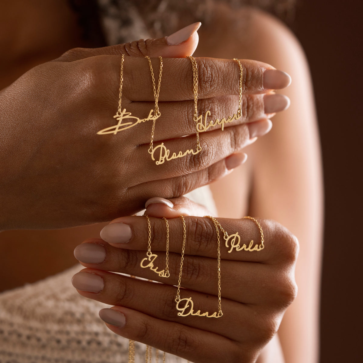 Personalized script name necklace close-up