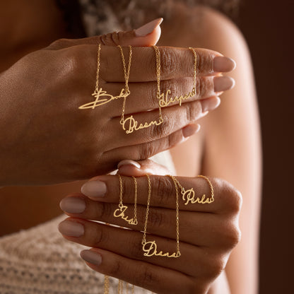 Personalized script name necklace close-up