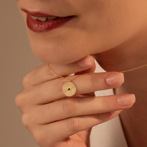 Spiral Coin Pendant Necklace with Blue Stone in 925 Sterling Silver