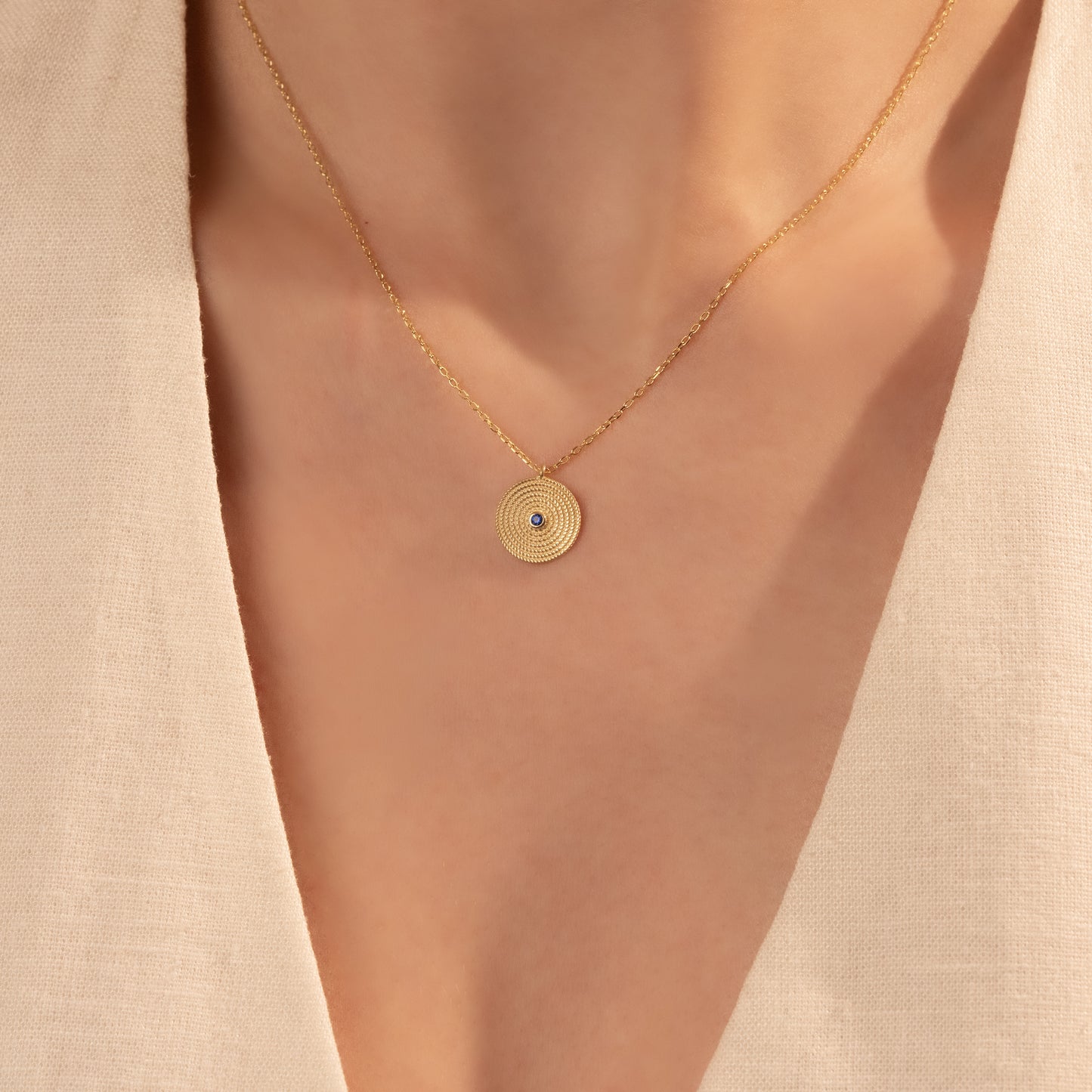 Spiral Coin Pendant Necklace with Blue Stone in 925 Sterling Silver