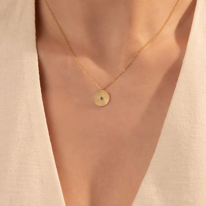Spiral Coin Pendant Necklace with Blue Stone in 925 Sterling Silver