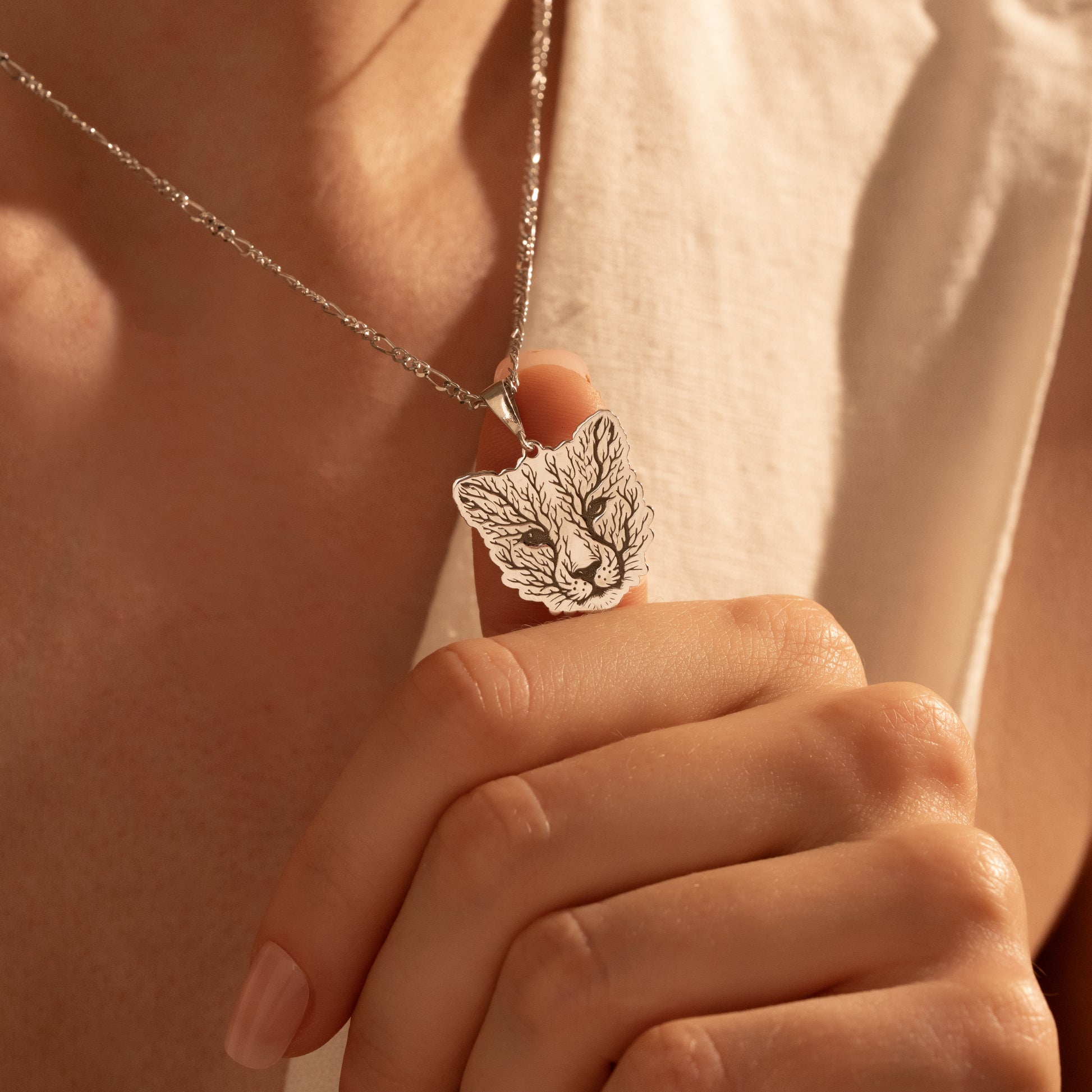 Botanical fox face pendant necklace close-up