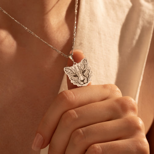Botanical fox face pendant necklace close-up