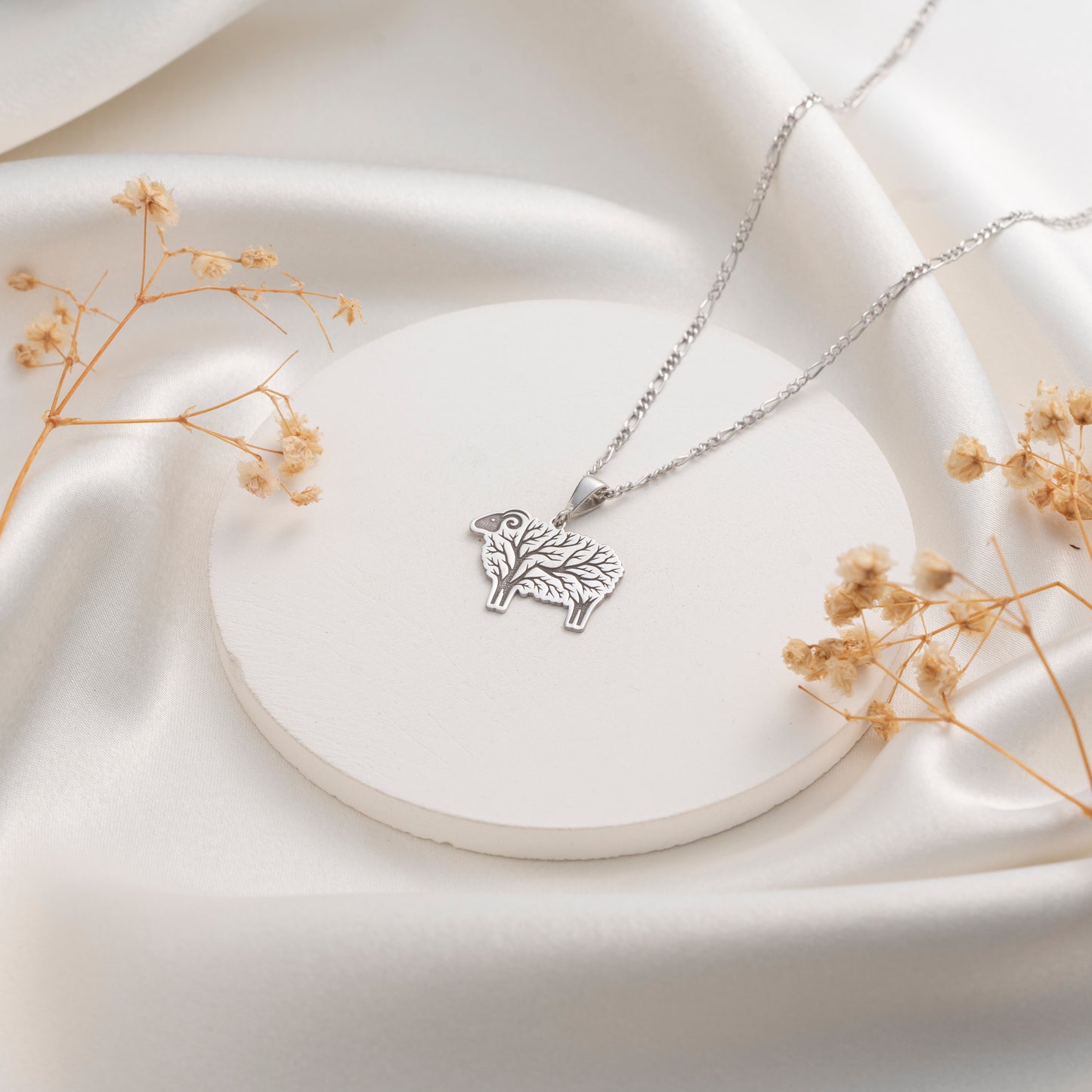 Detailed silver sheep necklace with Tree of Life design
