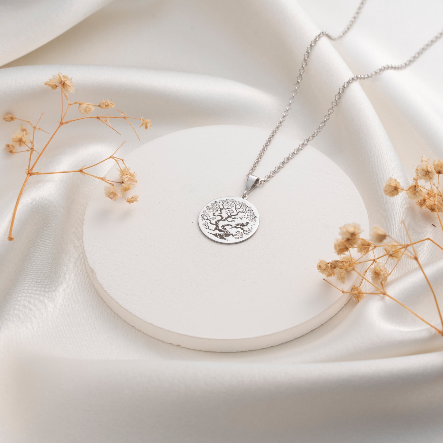 Engraved Tree of Life round medallion necklace