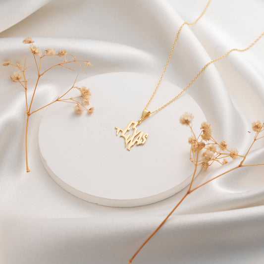 Gold Texas state necklace with TEXAS script pendant