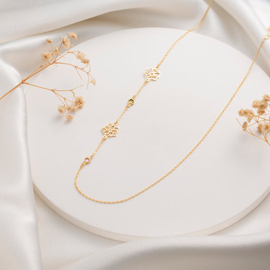 Personalized gold birth flower and birthstone necklace for women