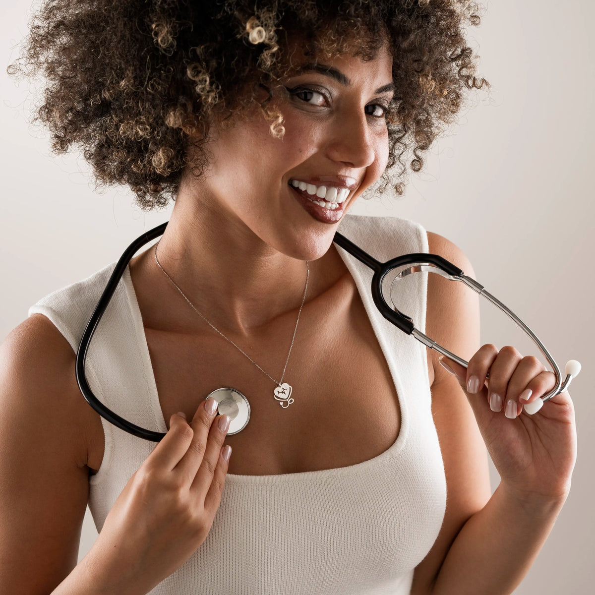 Silver heartbeat necklace with heart and stethoscope pendant in 925 sterling silver