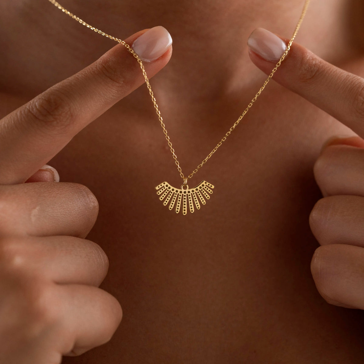 Dainty sunburst fan pendant necklace in 18K gold plated 925 sterling silver