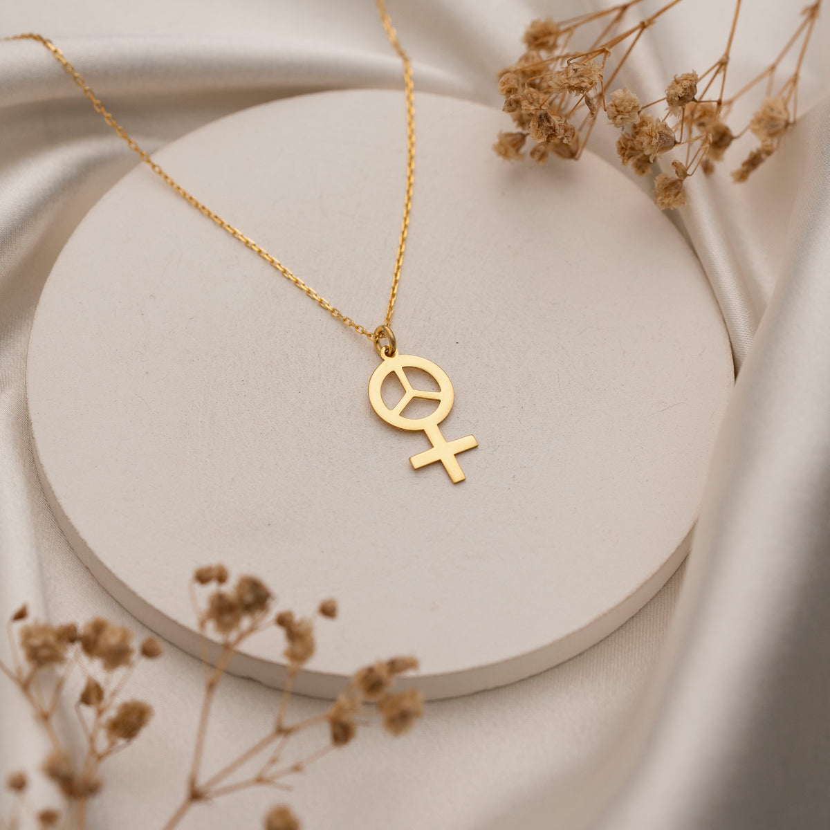 Venus symbol pendant necklace worn by model