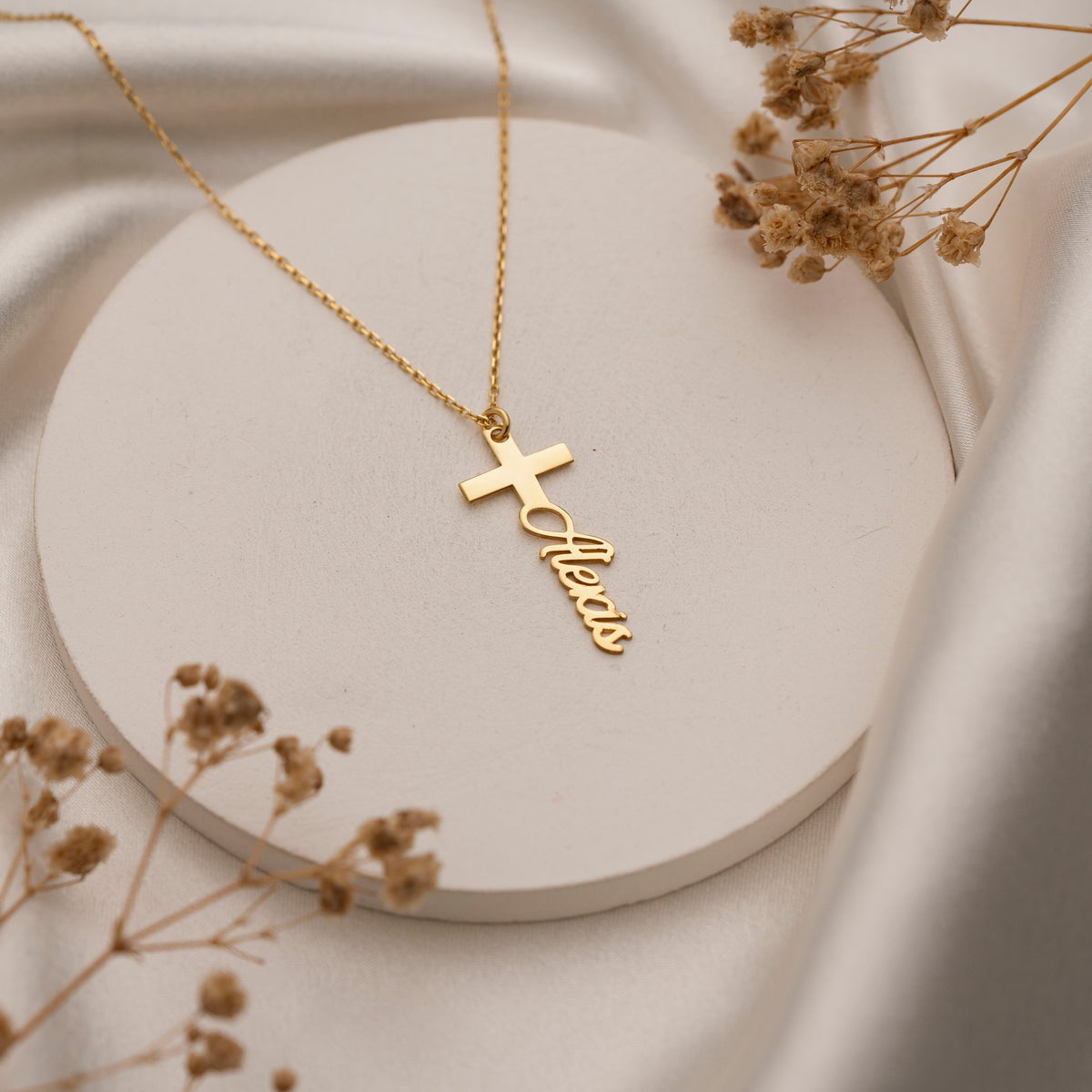 Custom vertical name necklace with cross pendant