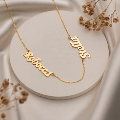 Side-by-side name necklace styled for everyday wear
