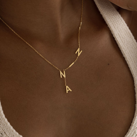 18K gold plated personalized letter drop necklace worn by model