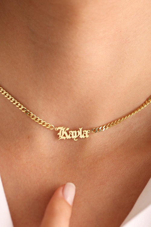 Gothic script name necklace on curb chain