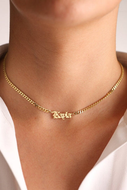 Gothic name necklace worn