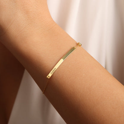 Personalized engraved bar bracelet close up