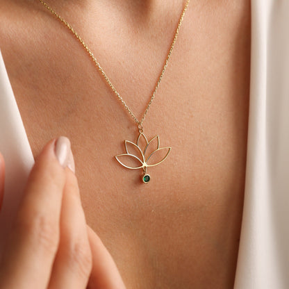 Lotus flower necklace in gold with a birthstone