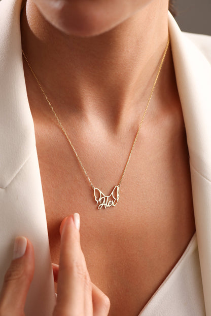 Dog name necklace with cut out ear silhouette