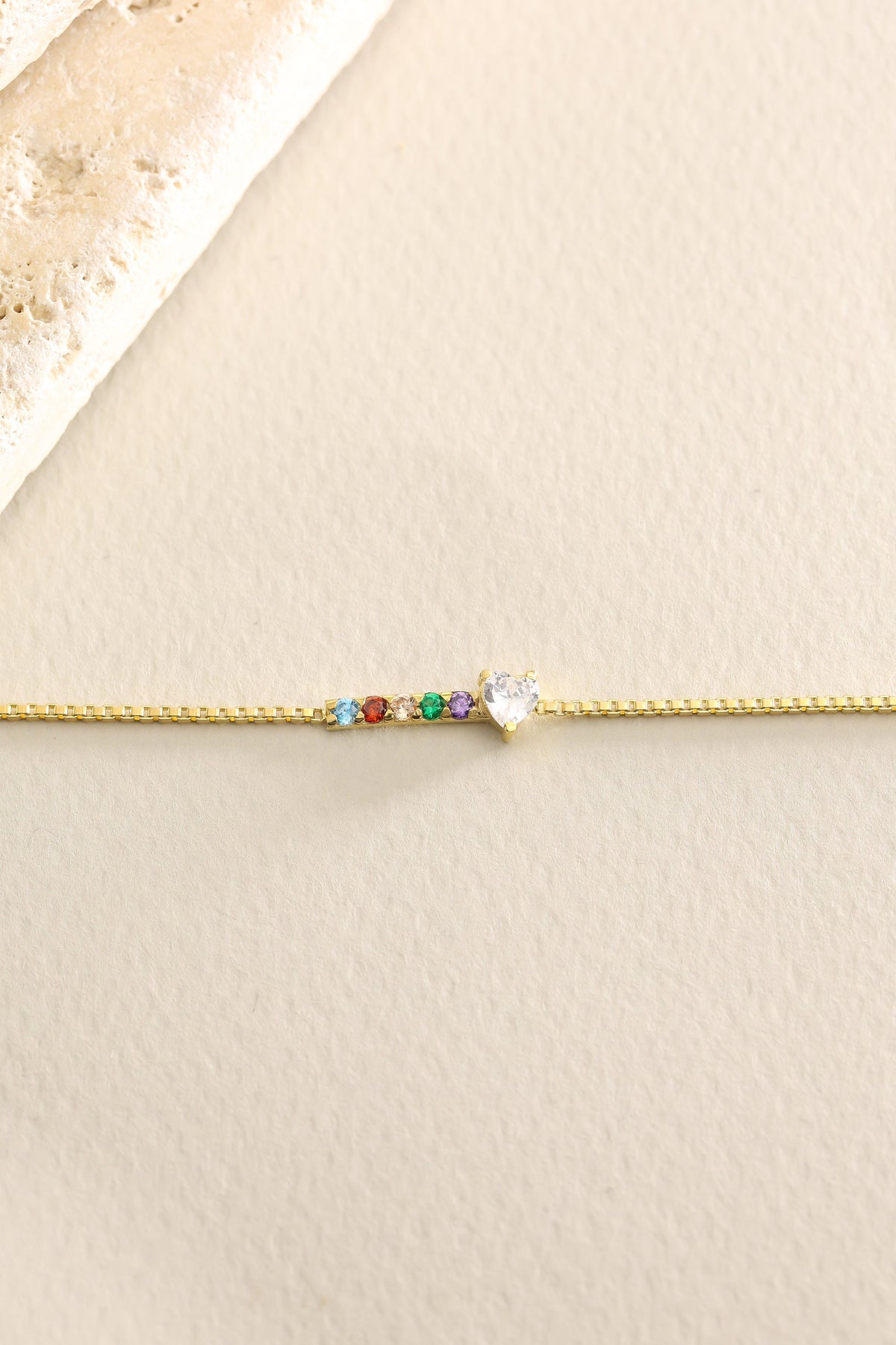 Dainty bezel set birthstone bracelet detail