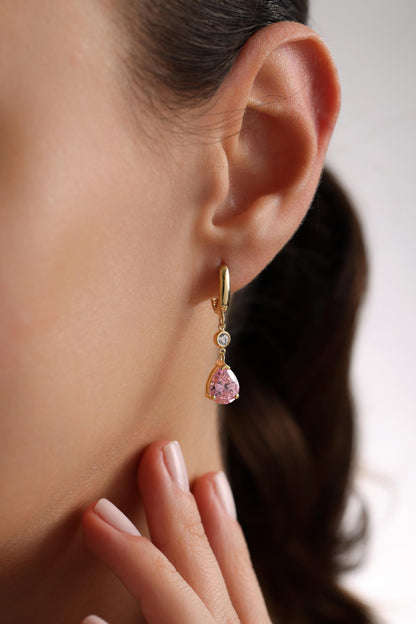 Teardrop birthstone earrings in pink stone