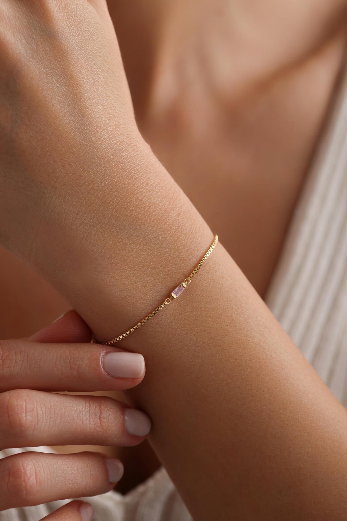 Custom family baguette birthstone bracelet close up