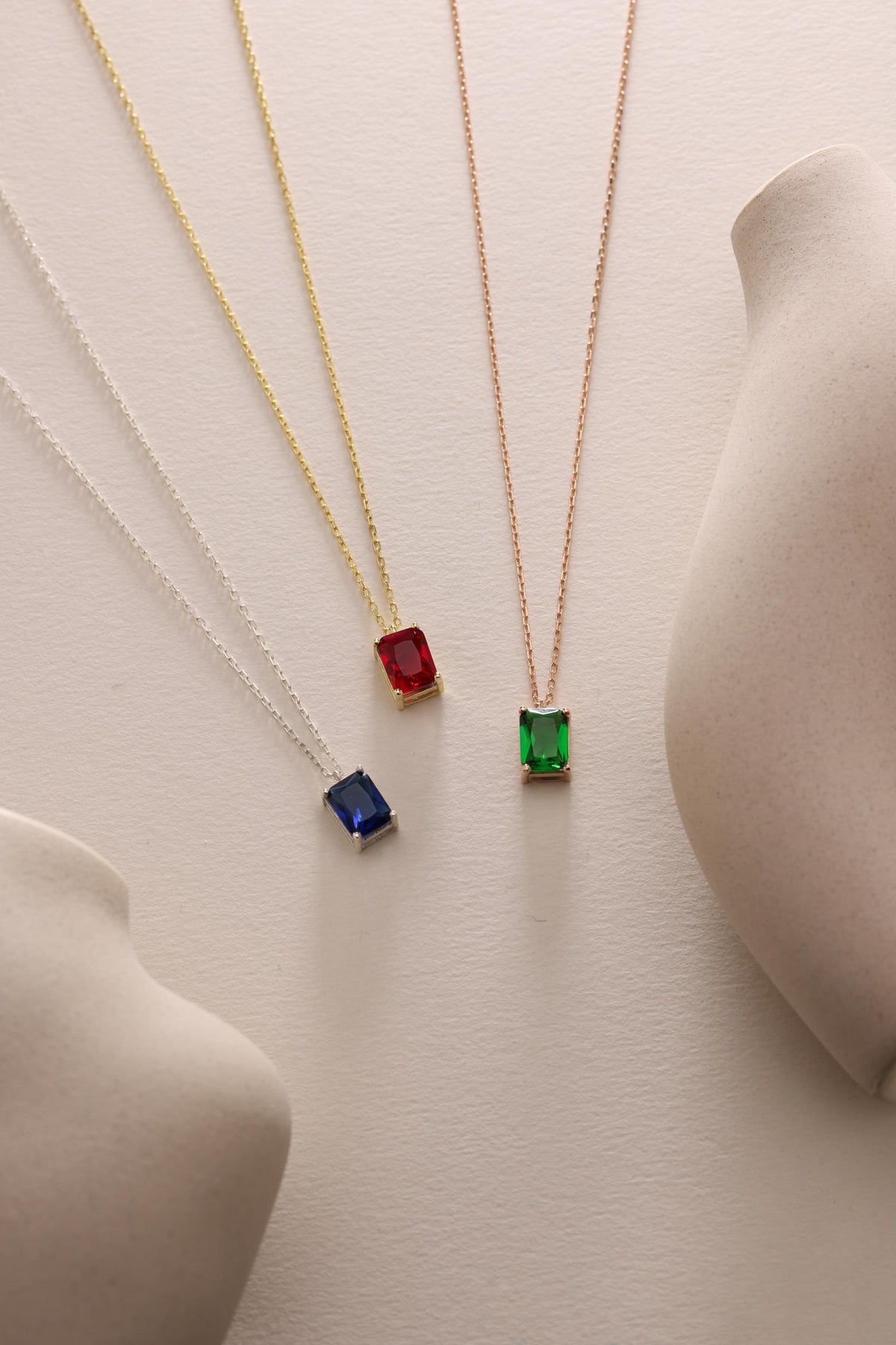 Rectangle birthstone necklaces in blue red and green