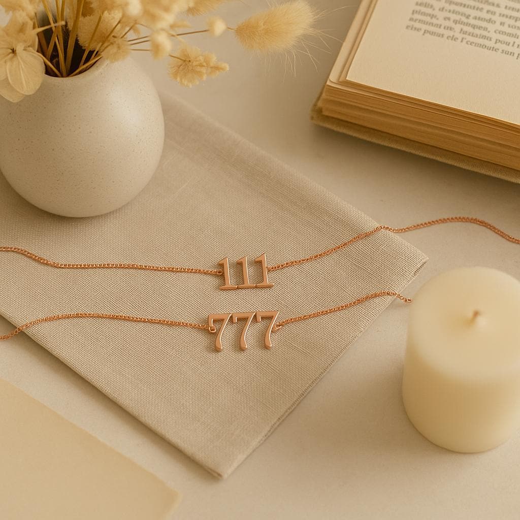 Angel number bracelets in gold showing 111 and 777