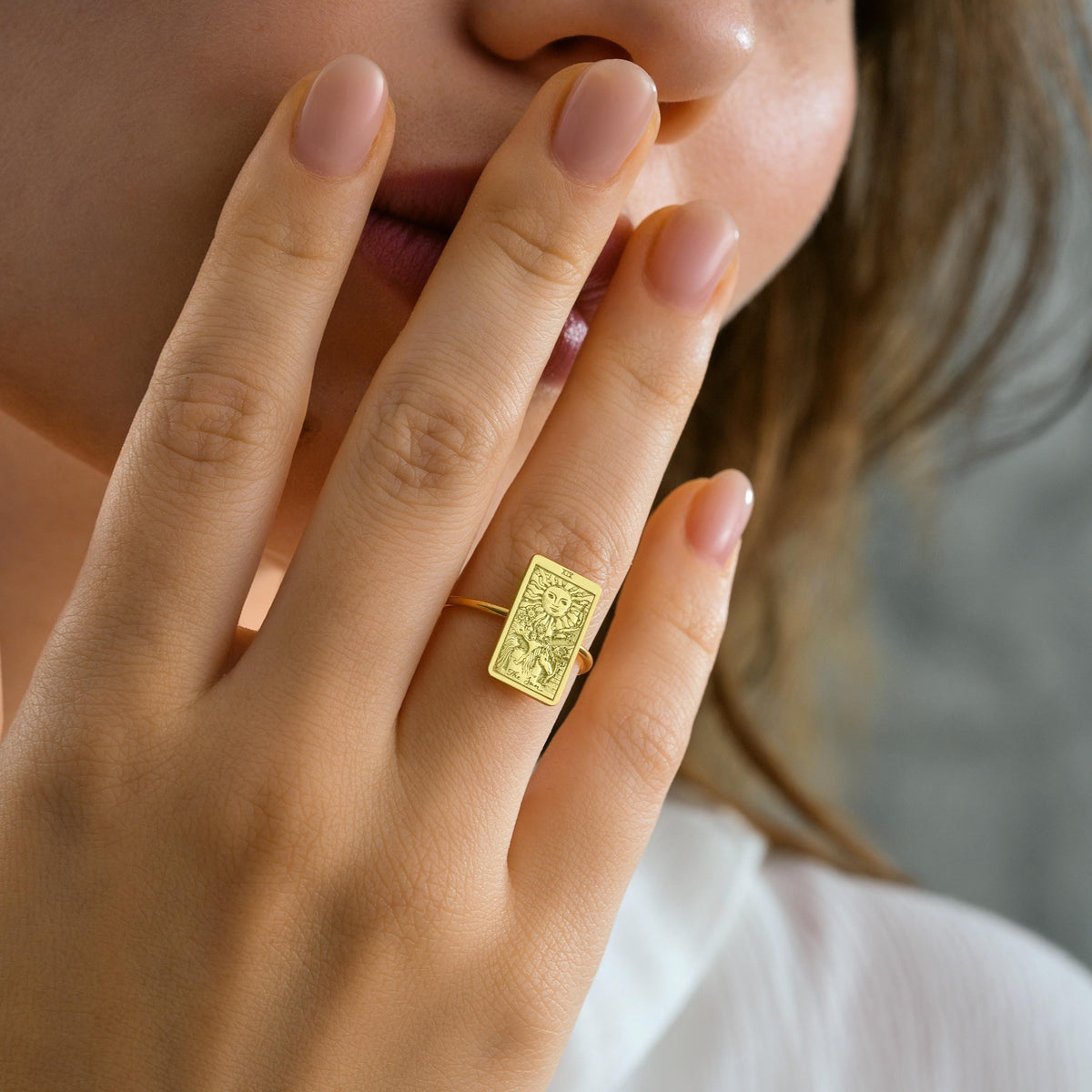 Tarot signet ring close up