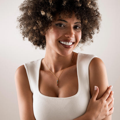 Square birthstone necklace worn on the neck