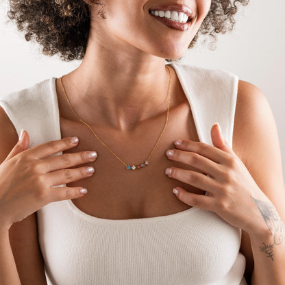 Birthstone bar necklace shown in several colours