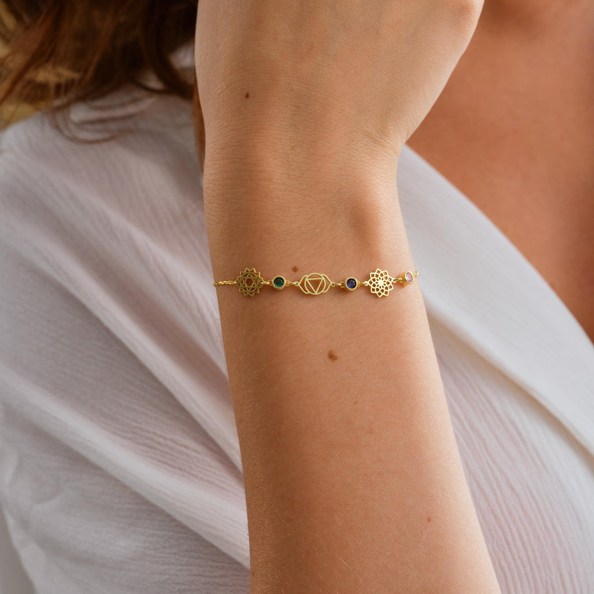 Chakra bracelet worn on the arm