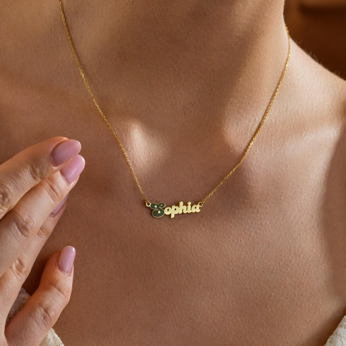 Custom name necklace with enamel charm in gold plated finish