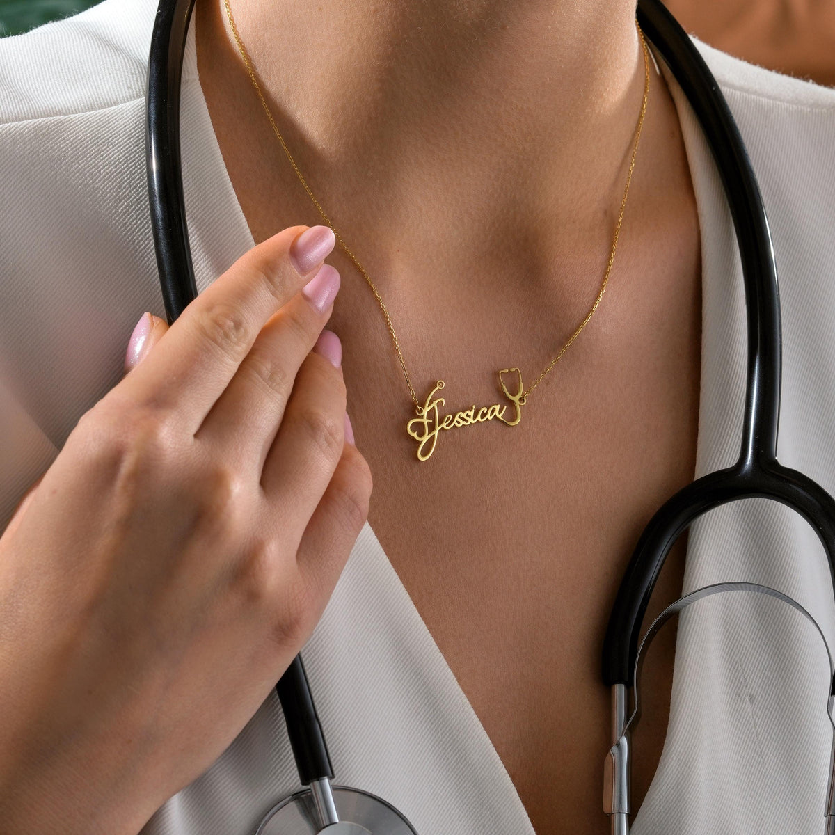 Personalized nurse necklace worn with a stethoscope