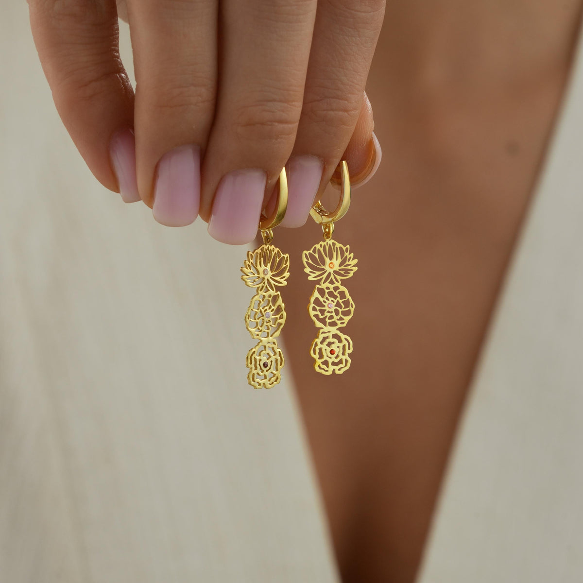 Birth flower drop earrings in gold finish