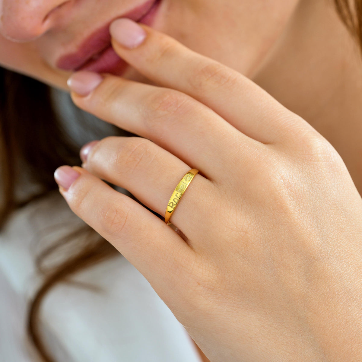 Personalized stacking name ring close up
