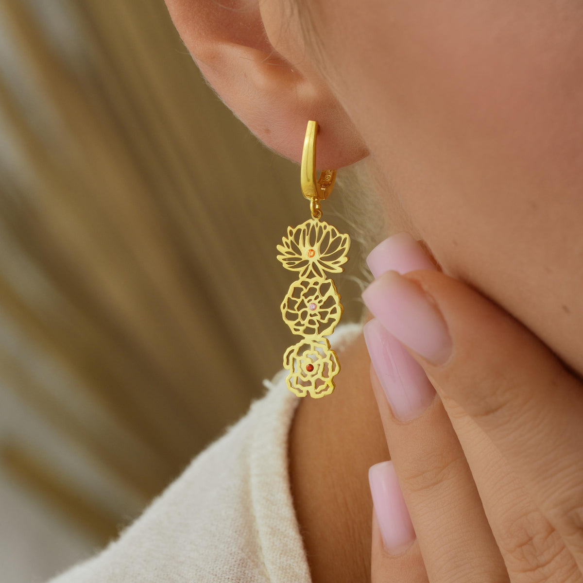 Birth flower earrings close up