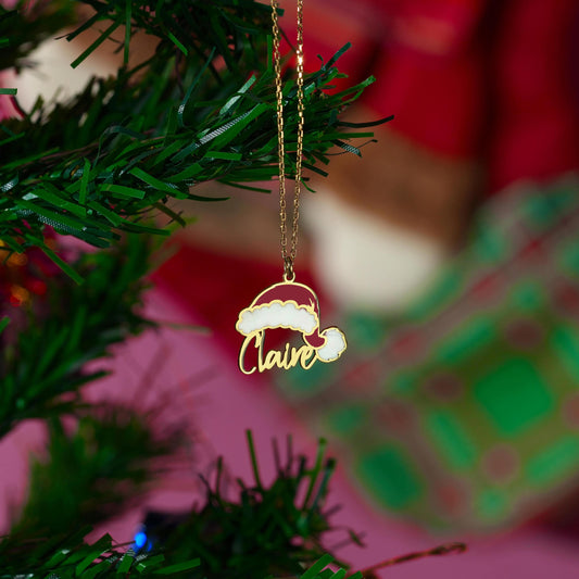 Custom script name pendant with a red santa hat