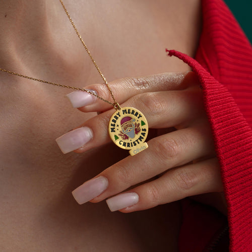 Personalized Santa medallion necklace worn by a woman