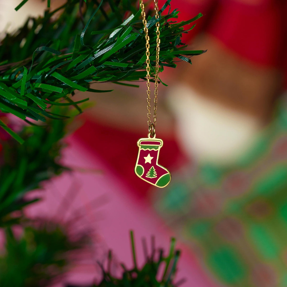 Holiday stocking necklace on a fine chain