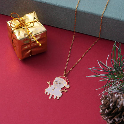 Melting snowman name necklace shown against a holiday background