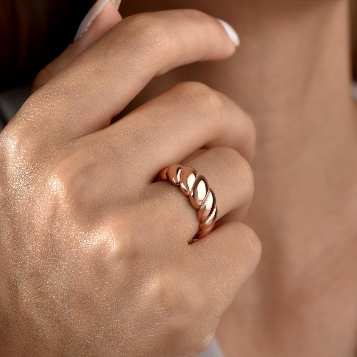 Croissant band stacked with a fine ring