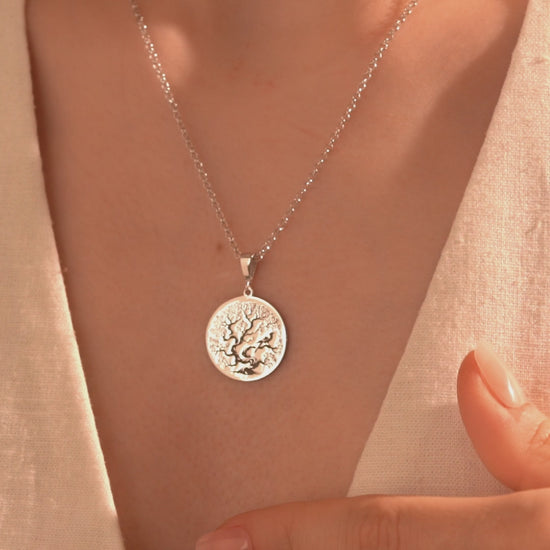 Engraved Tree of Life round medallion necklace