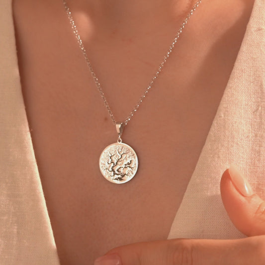 Engraved Tree of Life round medallion necklace