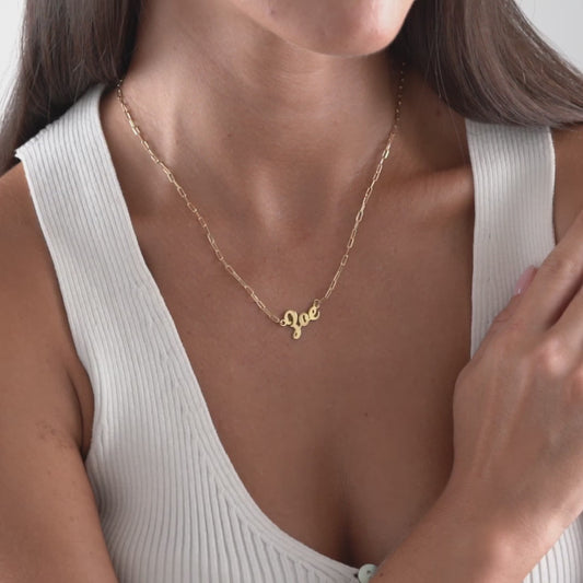 Dainty personalized name necklace shown from multiple angles