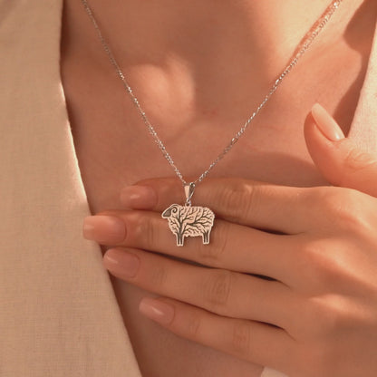 Detailed silver sheep necklace with Tree of Life design