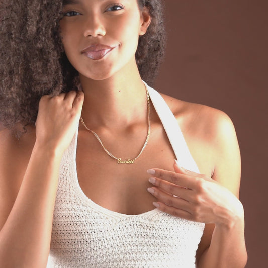 Video showing personalized script nameplate necklace