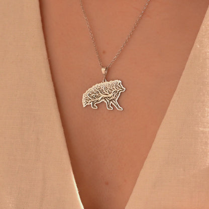 Silver Tree of Life wild boar pendant necklace